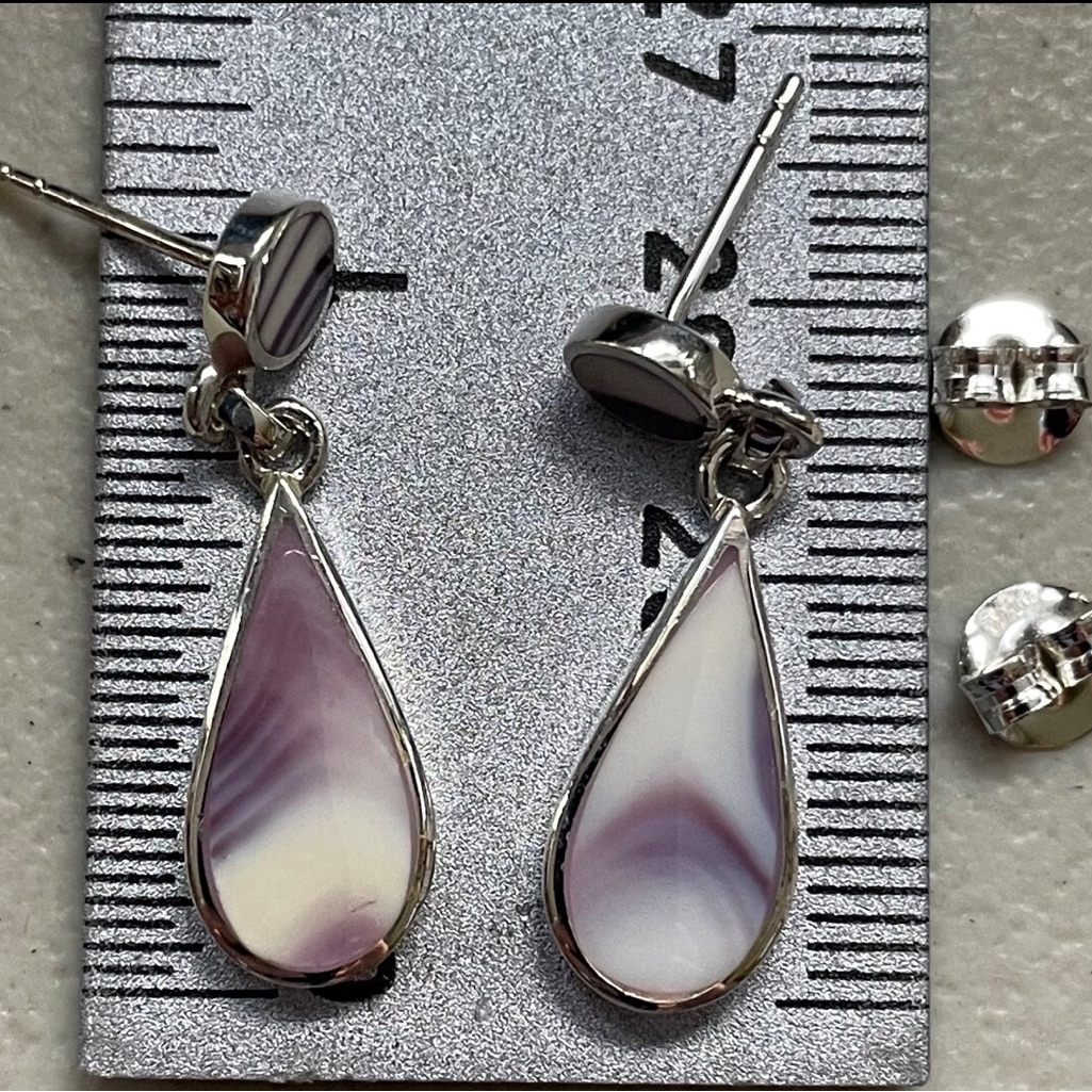 E1074 Drop Teardrop And Circle Wampum Quahog Earrings Sterling Silver